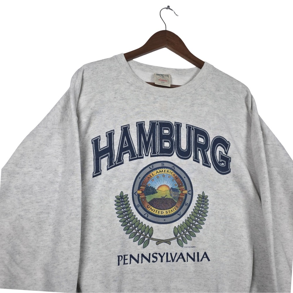 VTG 90s Hamburg Pennsylvania Sweatshirt XL Ash Gray My Town Originals‎ Made USA